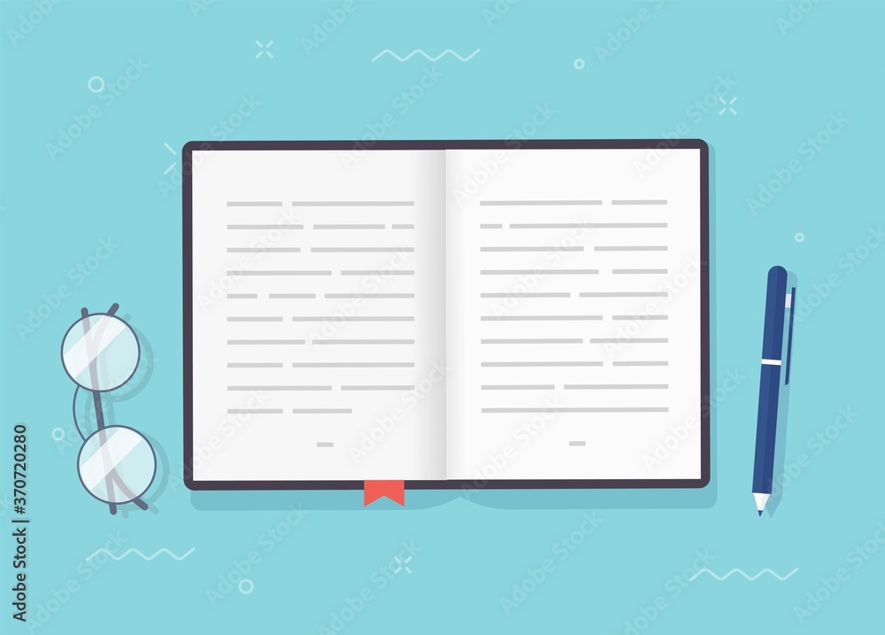 Poster book or notepad vector open pages with text, notebook or textbook paper with bookmark and pen flat c
