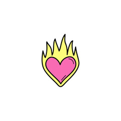 Heart in flames vector illustration icon. Doodle hand drawn outlined cartoon pink heart on yellow fire. Isolated.
