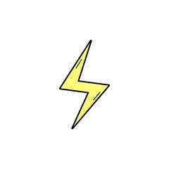 Bolt vector illustration icon. Doodle hand drawn outlined cartoon yellow lightning, thunderbolt. Isolated.