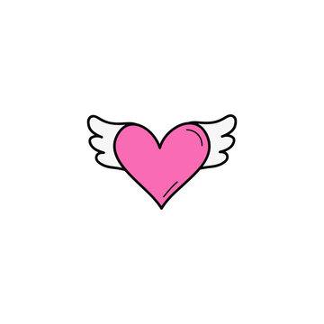 Heart with wings vector illustration icon. Doodle hand drawn outlined cartoon pink angel heart. Isolated.