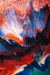Color splash. Alcohol ink water. Marble texture. Red blue gradient streak with golden particles...