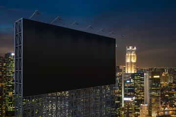 Blank black road billboard with Singapore cityscape background at night time. Street advertising poster, mock up, 3D rendering. Side view. The concept of marketing communication to sell idea.