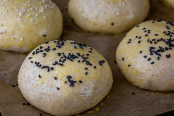 Whole grain burger buns. Proofing the dough before baking. Preparation