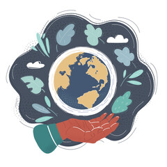 Vector illustration of Hands holding a globe earth on dark background.