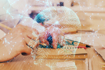 Brain multi exposure icon with man hands background.
