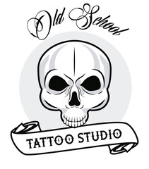 skull head with calligraphy and ribbon tattoo studio graphic