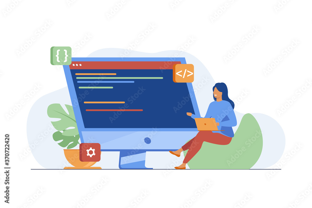 Poster young tiny girl sitting and coding via laptop. computer, programmer, code flat vector illustration. 