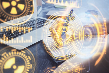 Tech theme hologram over woman's hands taking notes background. Concept of hightech. Double exposure