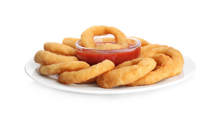 Delicious golden onion rings with ketchup isolated on white