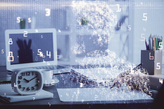 Tech theme hologram over woman's hands taking notes background. Concept of hightech. Double exposure