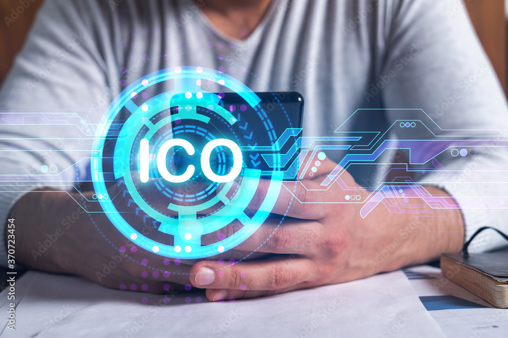 Poster man using phone. hands typing smartphone. double exposure with ico hologram. close up. financial gra