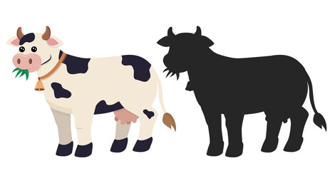 Cow and her shadow isolated on white background. Vector image. Cow in cartoon style.