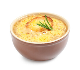 Tasty homemade french onion soup isolated on white