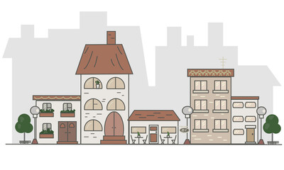 Сute european street with lanterns and trees. Cityscape. Urban landscape. Flat style.