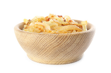 Tasty fried onion in wooden bowl isolated on white