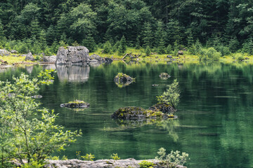 Naklejka premium Lake in the Alps mountains, trees reflection in the water. Gosau, Austria