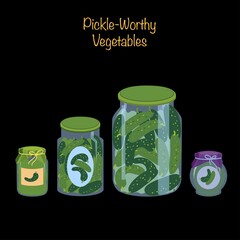 Icons of pickled cucumbers. Cucumbers in glass jars representing pickle-worthy vegetables. Vector Illustration