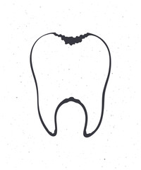Obraz premium Unhealthy human tooth with caries. Outline. Vector illustration. Symbol of somatology and oral hygiene. Hand drawn sketch. Isolated white background