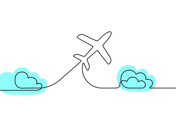 Continuous one line drawing of airplane. Minimalist design travel theme, passenger plane with blue clouds for logo. Simple sketch vector illustration