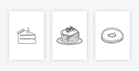 Continuous one line drawing of American pancakes piece of cake with cherry and donut. Modern poster set of bakery products isolated on white, dessert and cafe theme for logo. Vector illustration