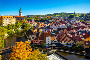 Panoramic view of historical center of Cesky Krumlov, Czech, Republic