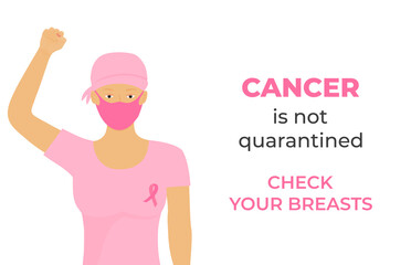 Women cancer patient wearing headscarf after chemotherapy and protective medical mask raised her fist during coronavirus quarantine. Check your breasts. October Awareness Month on Women's Health