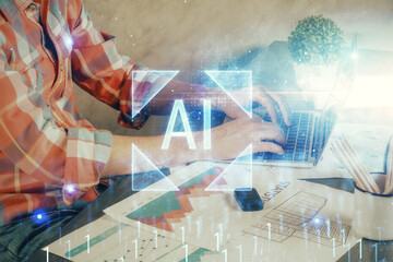 Double exposure of technology hologram with man working on computer background. Concept of big data.