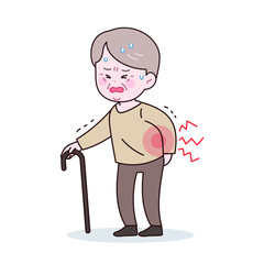 허리 통증을 느끼는 노인 남성.