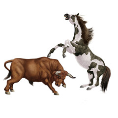 combat de cheval et le taureau, force, attaque, debout, animal, brun, mammifère, joli, sauvage, agressive, dangereux, illustration, de race, ferme, fond blanc, coloré, fantastique, musclé, fort
