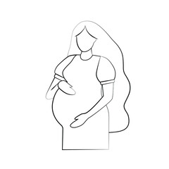Silhouette of a pregnant woman. Pregnancy and maternity icon. Simple black outline on a white background. Flat vector illustration.
