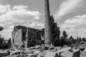 Ruins of the old abandoned factory. Black and White tone