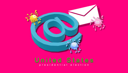 Digital drawing of COVID-19, elections. Vote by Mail or Absentee Voting. Online vote in USA. Remote voting in the United States presidential election. Email symbol, message sign. Electoral envelope.