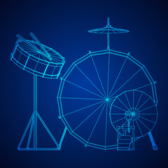 Musical instruments set. Rock band drum kit. Percussion musical instrument drums, stick and cymbal. Wireframe low poly mesh vector illustration.