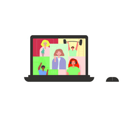 Video call on a laptop. Communication at a distance and during the quarantine period by video link, video conference. Vector illustration, flat cartoon color design, isolated on white background, eps 