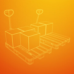 Fototapeta premium Hand pallet jack lift with pallet and stacked goods cardboard boxes. Manual forklift. Logistics shipping concept. Wireframe low poly mesh vector illustration.