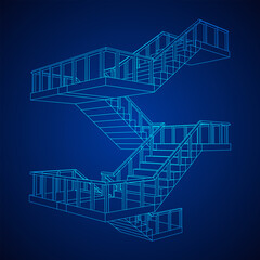 Wireframe stairs, interior staircases steps with railing. Wireframe low poly mesh vector illustration.