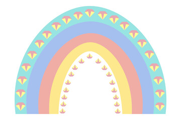 Rainbow and diamonds. A striking natural phenomenon. Boho style. Vector illustration. Isolated white background. Flat style. Ethnic motives. Multicolored stripes with fantasy patterns. Rainbow print. 