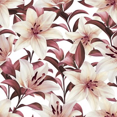 Seamless pattern with lilies on white. Floral background