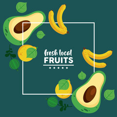 fresh local fruits with bananas and avocados in green background
