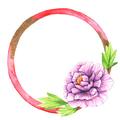 Watercolor illustration Purple peonies, leaves and red-gold circle frame. Clip art on white background. Background, wallpaper, Isolated, decoration and pattern.