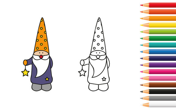 cute dwarf for coloring book with pencils vector illustration EPS10