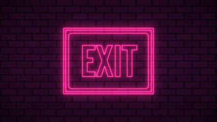 Exit banner neon sign fluorescent light glowing on signboard background. Signs by neon lights in...