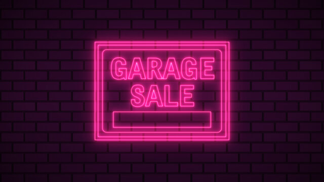 Billboard Gagage sale neon sign fluorescent light glowing on signboard background. Signs by neon lights in brick background. The best stock photo image of Gagage sale neon flickering, flash, blinking