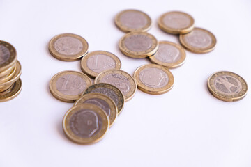 Euro coins at a white background economy europe with copy space