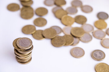 Euro coins at a white background economy europe with copy space