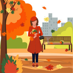 Indian summer. The autumn time has come. The character collects leaves and walks in the park. Graphic drawing. Golden autumn. A great time of the year.