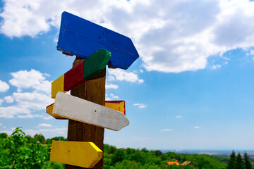 Wooden blank direction sign, crossroad, arrows
