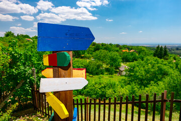 Wooden blank direction sign, crossroad, arrows