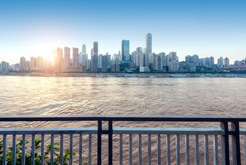 Chongqing city skyline, modern bridges and skyscrapers.