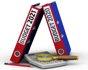 Budget analysis. Two binders with the words BUDGET 2020 and BUDGET 2021, an electronic calculator, a magnifying glass and a pencil on a white surface. 3D illustration